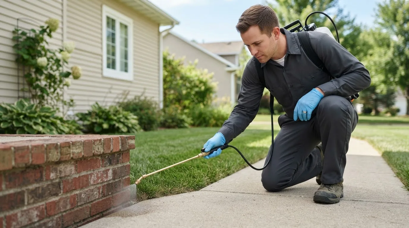 Pest control technician treating a home near Reinholds, PA
