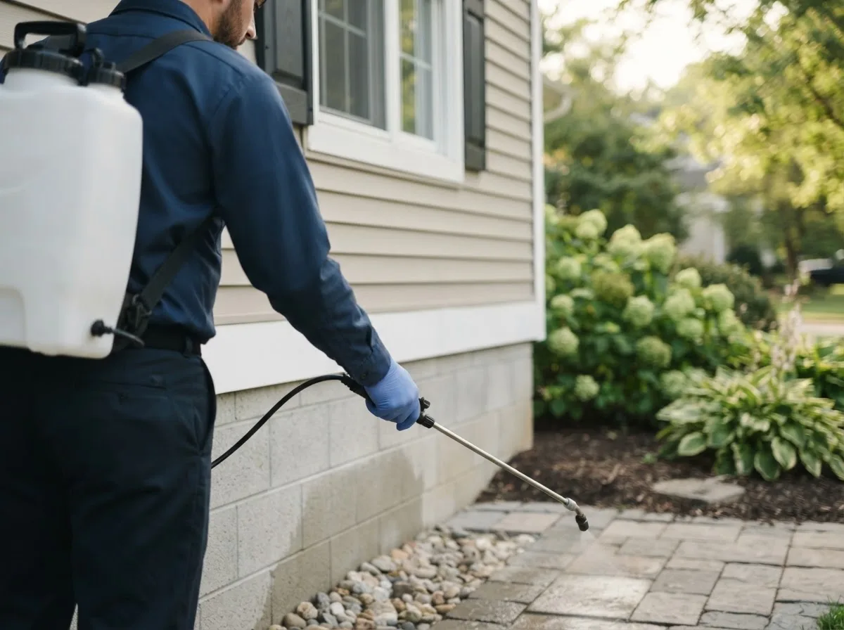 Pest control technician inspecting a home in Reinholds, PA